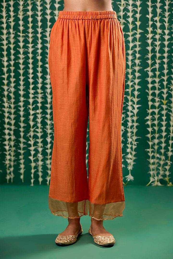 Rust Orange Chanderi Silk Pitta Embroidered Kurta Set by Cupid Cotton at Pernia's Pop Up Shop