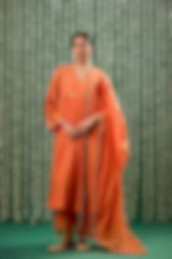 Rust Orange Chanderi Silk Pitta Embroidered Kurta Set by Cupid Cotton at Pernia's Pop Up Shop