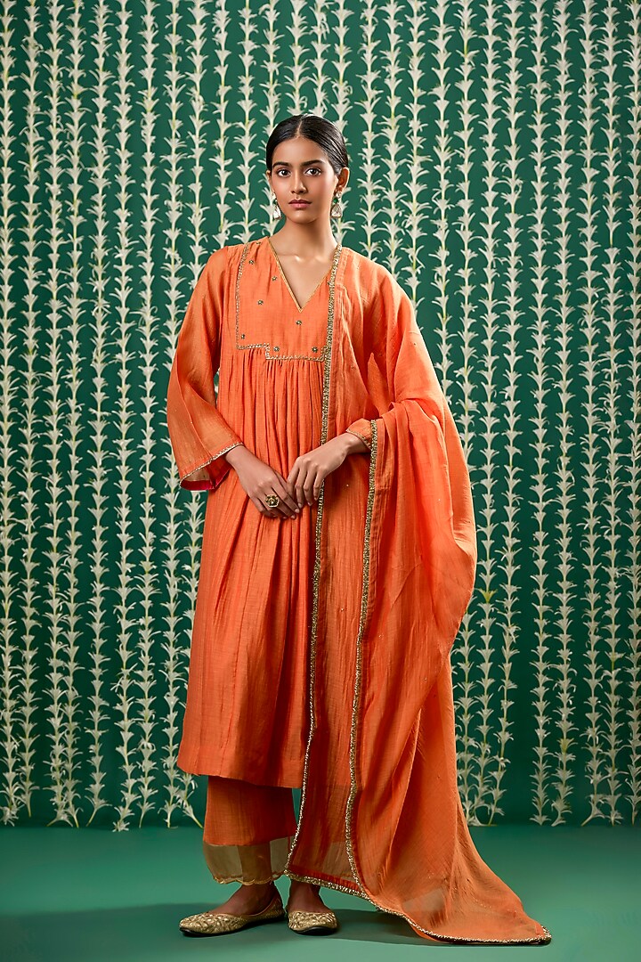 Rust Orange Chanderi Silk Pitta Embroidered Kurta Set by Cupid Cotton at Pernia's Pop Up Shop