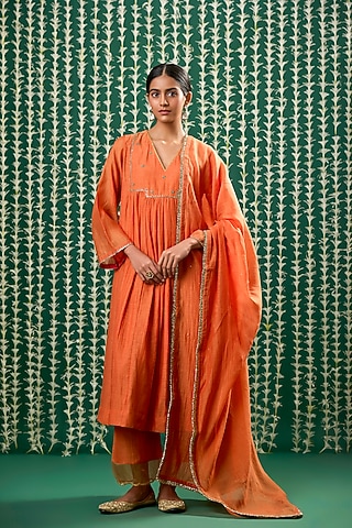 Rust Orange Chanderi Silk Pitta Embroidered Kurta Set by Cupid Cotton