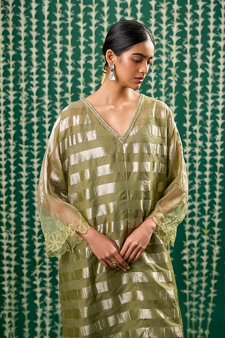 Olive Green Tissue Aari Embroidered Striped Kurta Set by Cupid Cotton at Pernia's Pop Up Shop