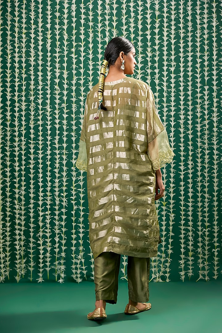 Olive Green Tissue Aari Embroidered Striped Kurta Set by Cupid Cotton at Pernia's Pop Up Shop