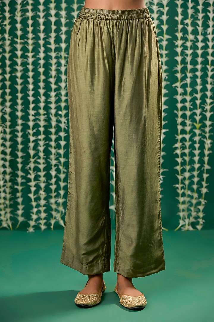 Olive Green Tissue Aari Embroidered Striped Kurta Set by Cupid Cotton at Pernia's Pop Up Shop