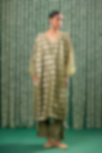 Olive Green Tissue Aari Embroidered Striped Kurta Set by Cupid Cotton at Pernia's Pop Up Shop