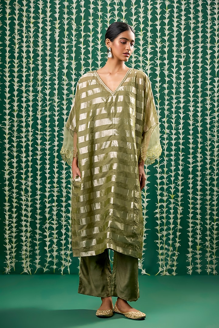 Olive Green Tissue Aari Embroidered Striped Kurta Set by Cupid Cotton at Pernia's Pop Up Shop
