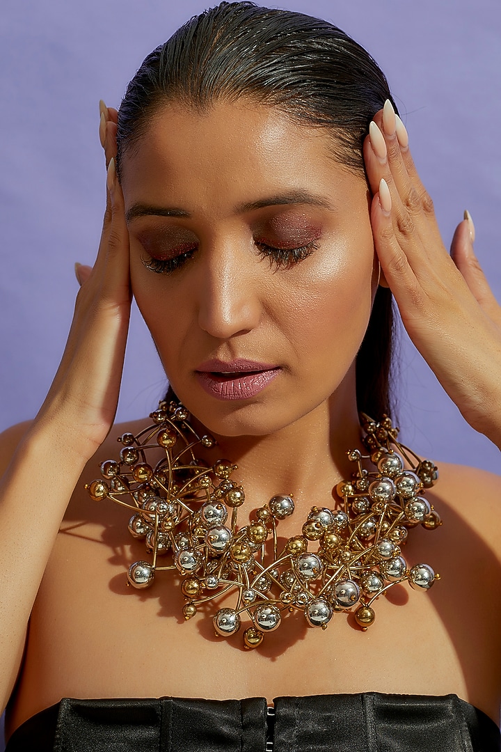 Two Tone Finish Beaded Zick-Zack Choker Necklace by CVH Jewellery at Pernia's Pop Up Shop