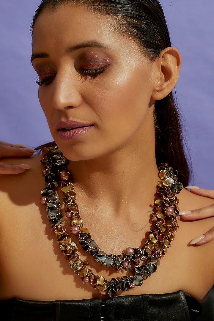 Gun Metal Finish Pearl Leaf Necklace by CVH Jewellery at Pernia's Pop Up Shop