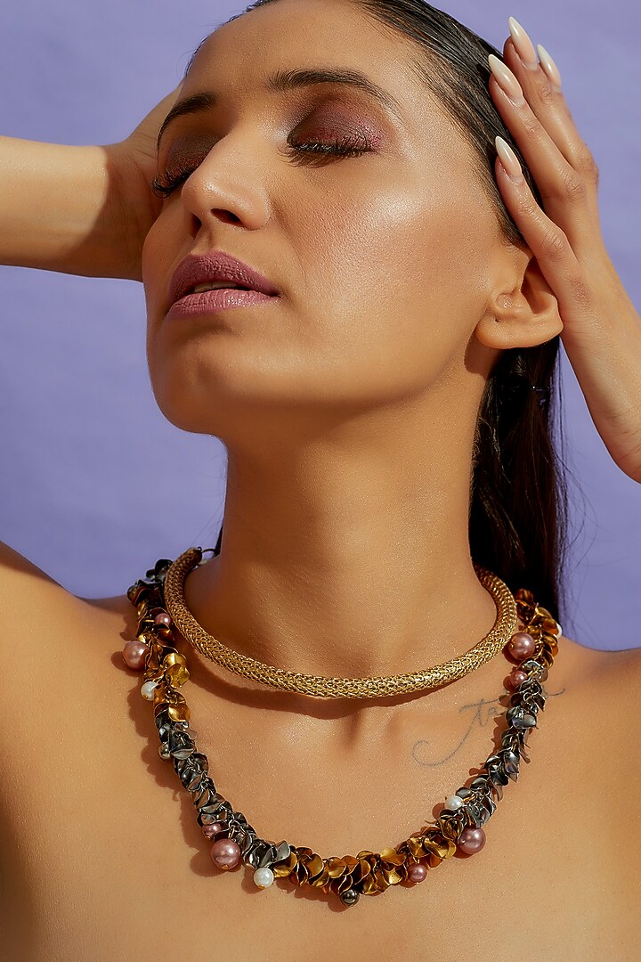 Gun Metal Finish Pearl & Leaf Chain Ring Necklace by CVH Jewellery at Pernia's Pop Up Shop
