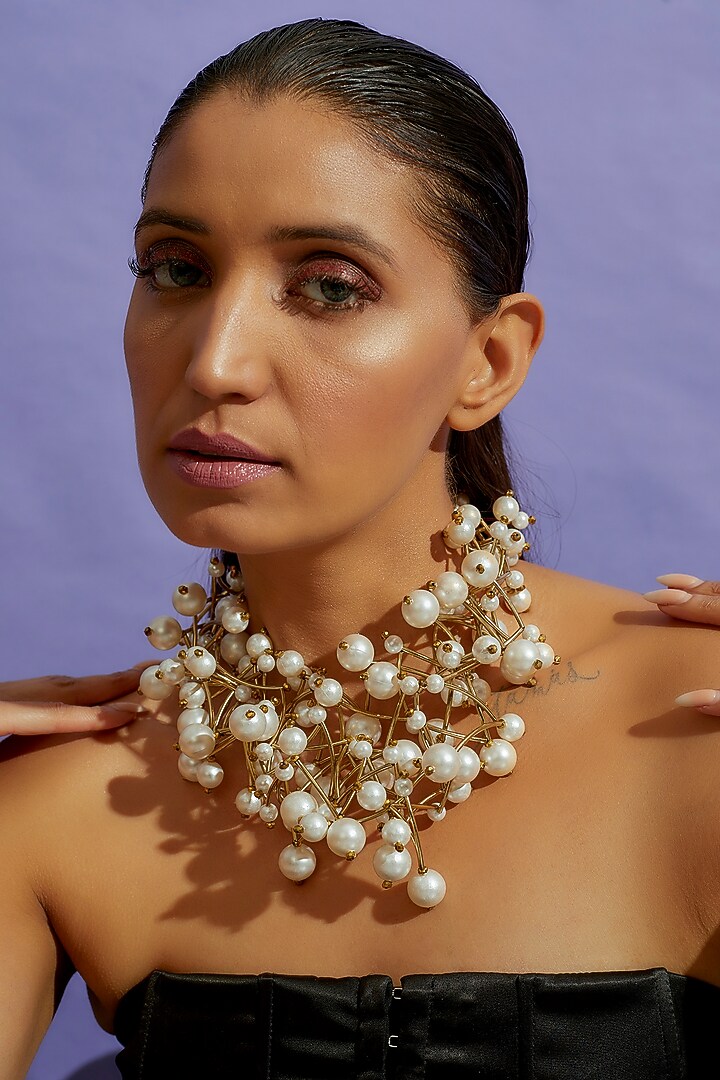 Gold Finish Pearl Zig Zag Choker Necklace by CVH Jewellery at Pernia's Pop Up Shop