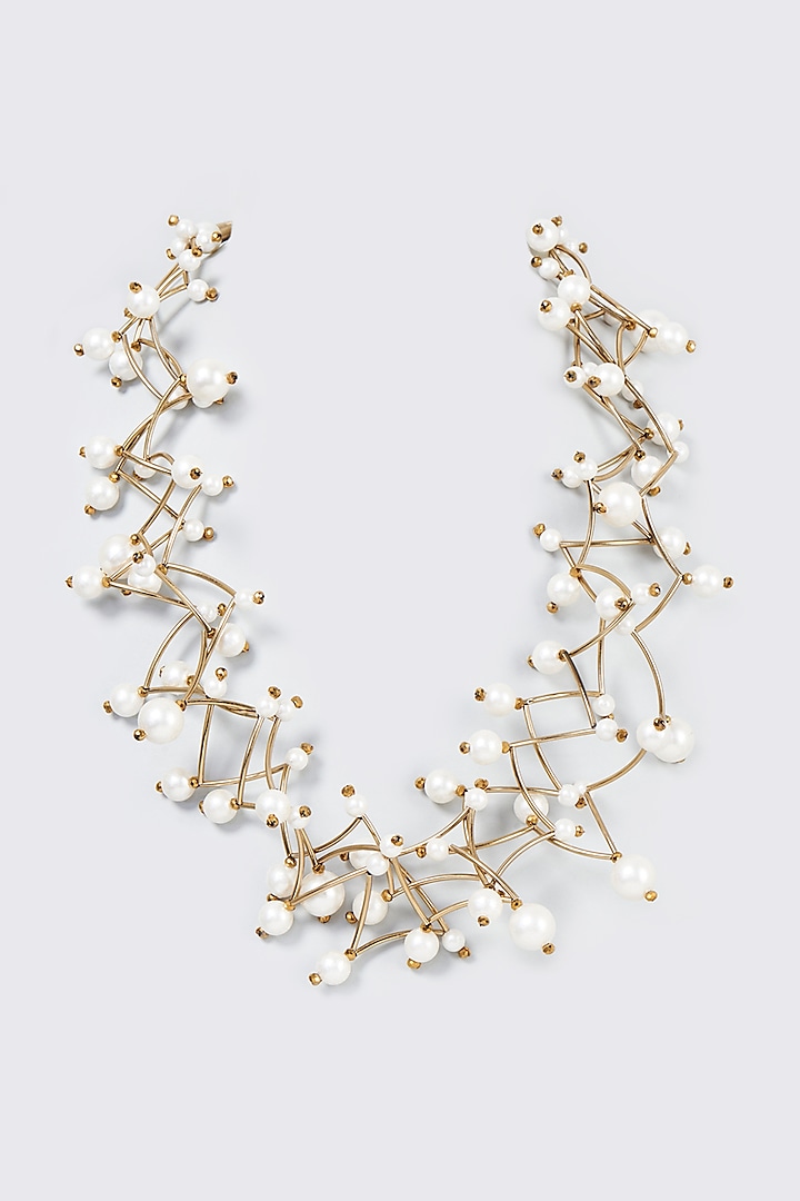 Gold Finish Pearl Zig Zag Necklace by CVH Jewellery