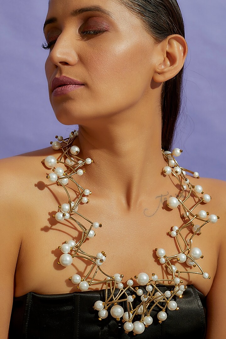Gold Finish Pearl Zig Zag Necklace by CVH Jewellery at Pernia's Pop Up Shop