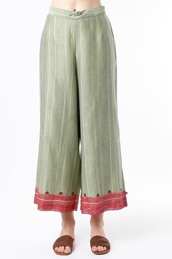 Sage Green & Red Chanderi Silk & Cotton Straight Pants by Vineet Rahul