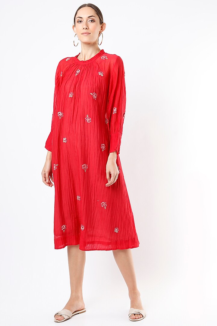 Red Chanderi Silk & Cotton Dress by Vineet Rahul