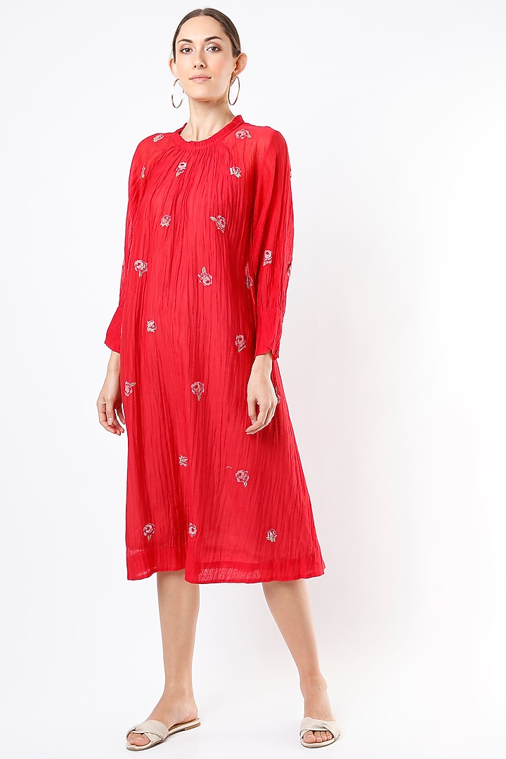 Red Chanderi Silk & Cotton Summer Dress by Vineet Rahul at Pernia's Pop Up Shop