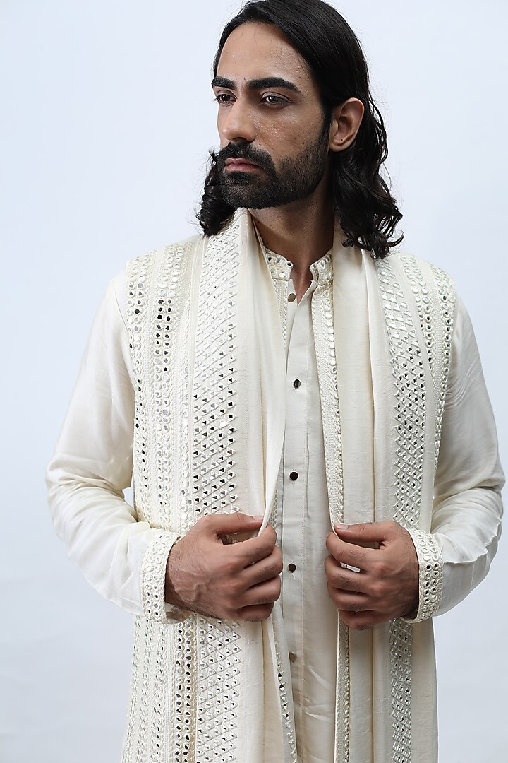 Ivory Mirror Embroidered Ajkan Jacket With Kurta Set by KAKA CALCUTTA at Pernia's Pop Up Shop