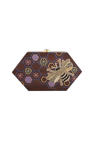 Brown Embroidered & Hand Painted Clutch by Crazy Palette