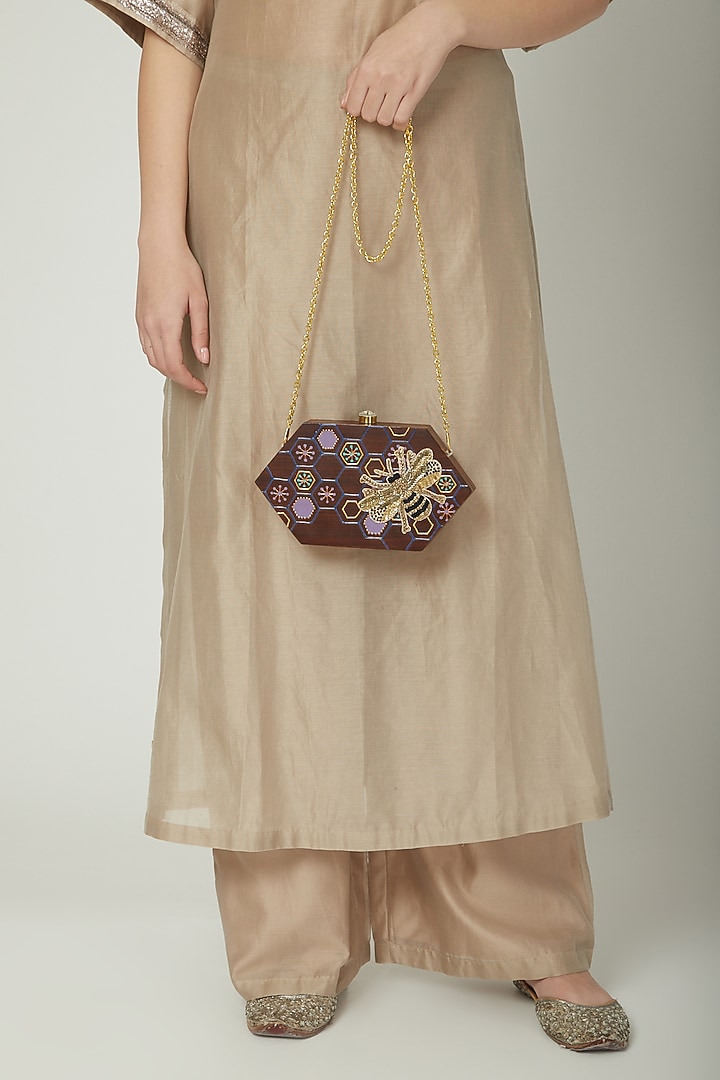 Brown Embroidered & Hand Painted Clutch by Crazy Palette at Pernia's Pop Up Shop