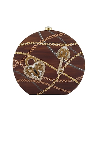 Brown Lock-Key Embroidered Clutch by Crazy Palette