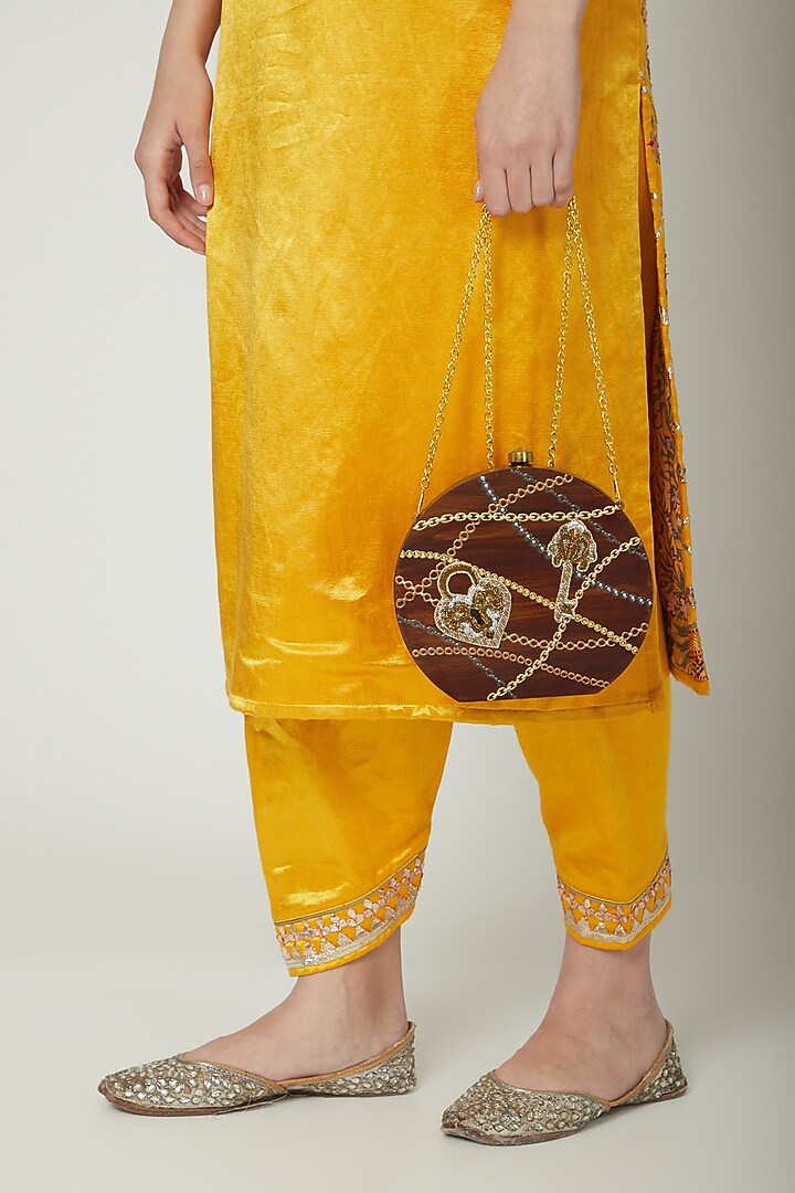 Brown Lock-Key Embroidered Clutch by Crazy Palette at Pernia's Pop Up Shop