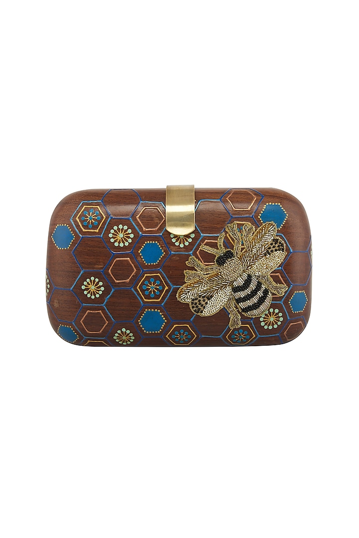 Brown Bumble Bee Embroidered & Painted Clutch by Crazy Palette
