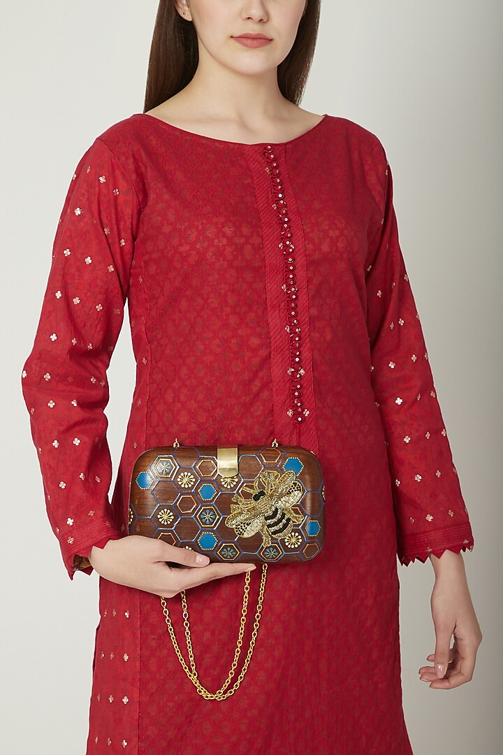 Brown Bumble Bee Embroidered & Painted Clutch by Crazy Palette at Pernia's Pop Up Shop