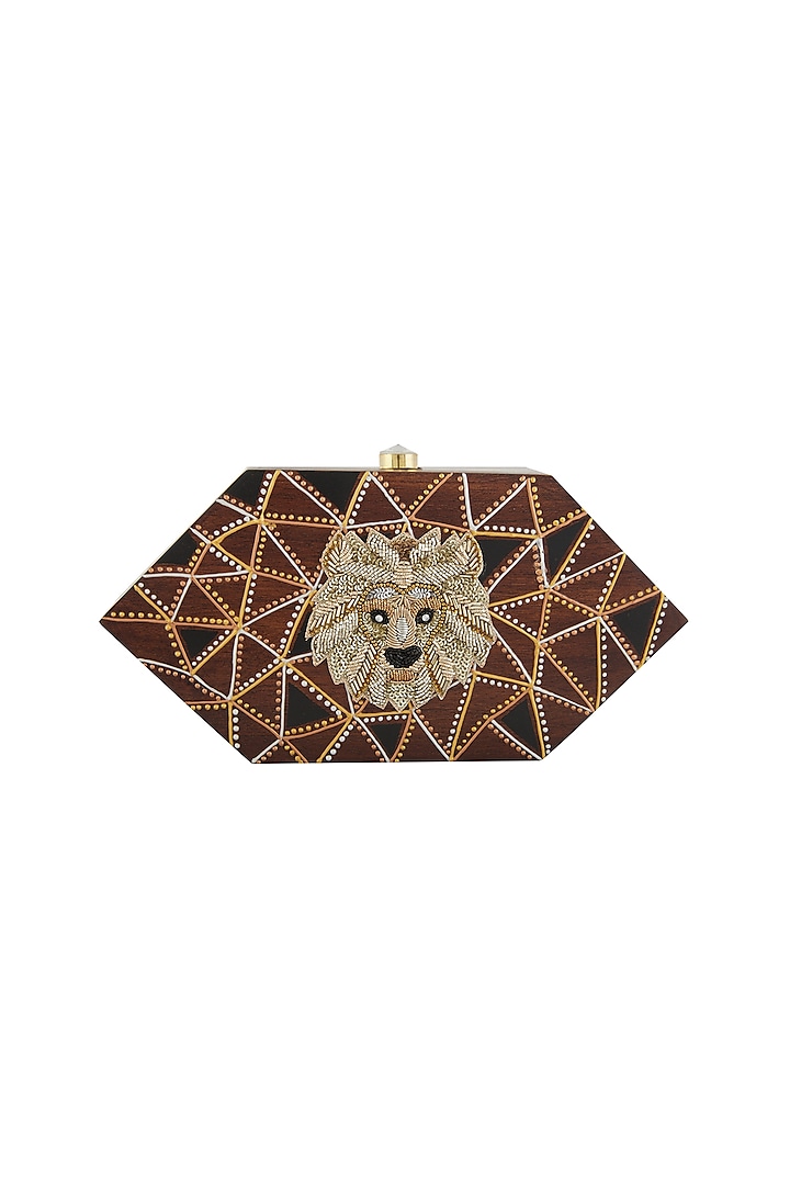 Brown Lion Embroidered & Painted Clutch by Crazy Palette