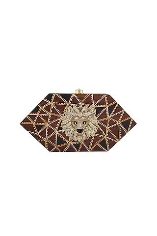 Brown Lion Embroidered & Painted Clutch by Crazy Palette