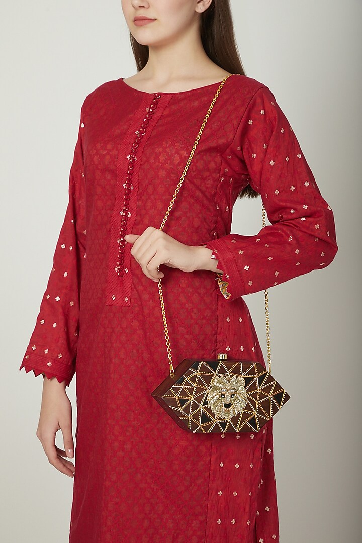 Brown Lion Embroidered & Painted Clutch by Crazy Palette at Pernia's Pop Up Shop