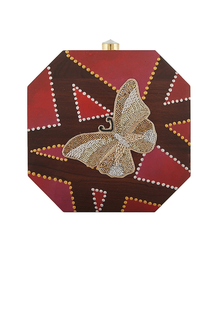 Brown Butterfly Embroidered & Painted Clutch by Crazy Palette