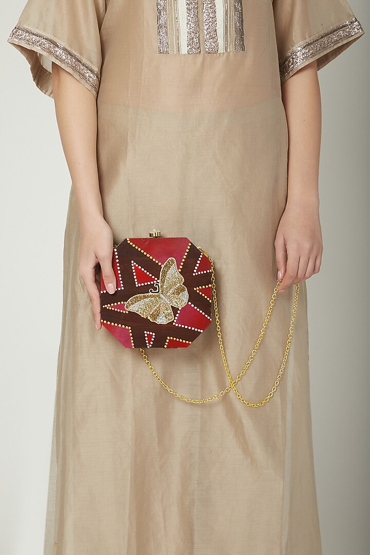Brown Butterfly Embroidered & Painted Clutch by Crazy Palette at Pernia's Pop Up Shop