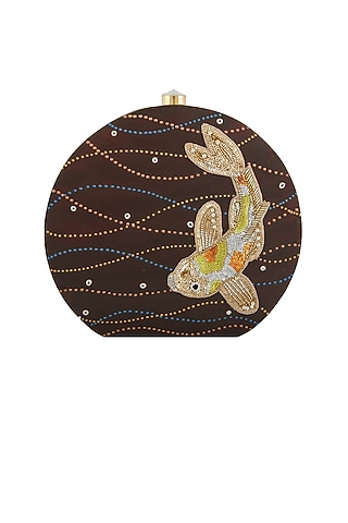 Brown Fish Embroidered & Painted Clutch by Crazy Palette