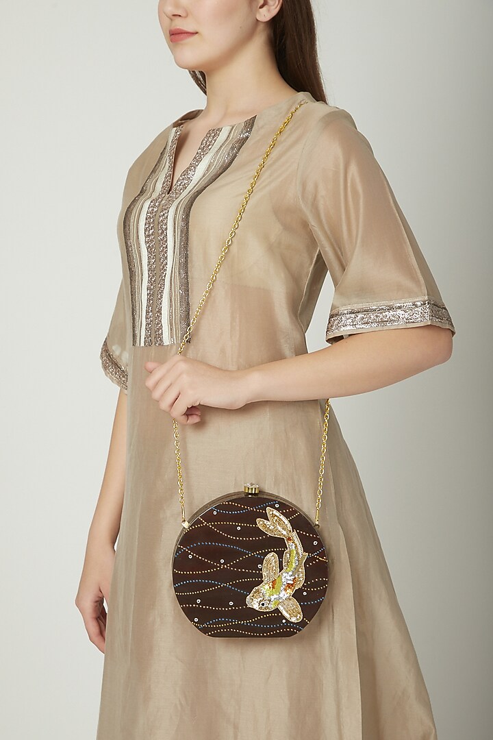 Brown Fish Embroidered & Painted Clutch by Crazy Palette at Pernia's Pop Up Shop