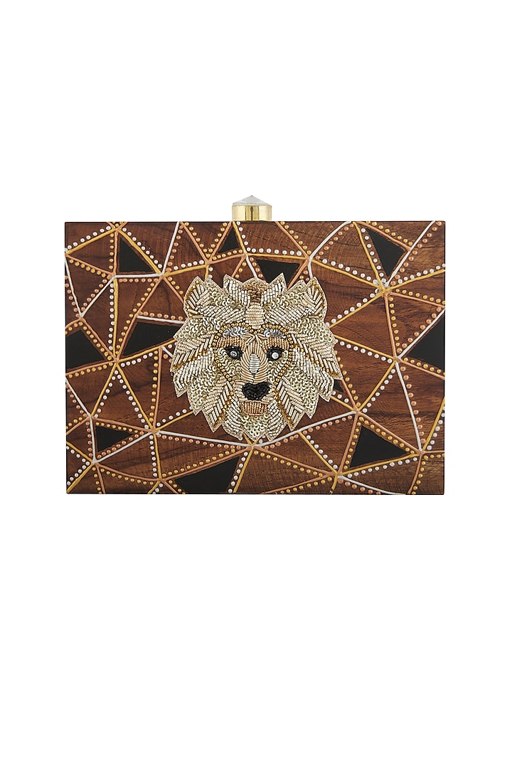 Brown Hand Painted Clutch With Lion Embroidery by Crazy Palette