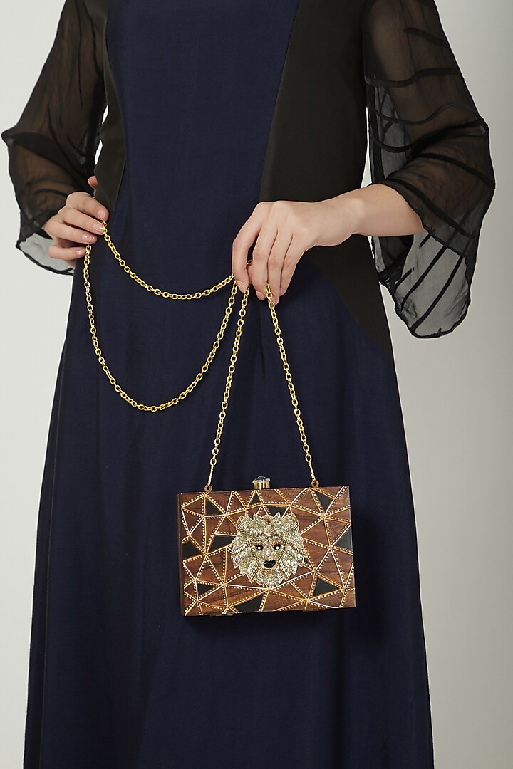 Brown Hand Painted Clutch With Lion Embroidery by Crazy Palette at Pernia's Pop Up Shop