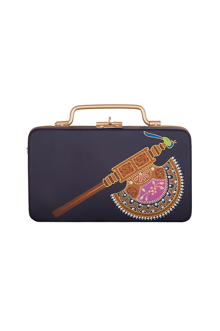 Dark Blue & Gold Hand Painted Trunk Sling Clutch by Crazy Palette
