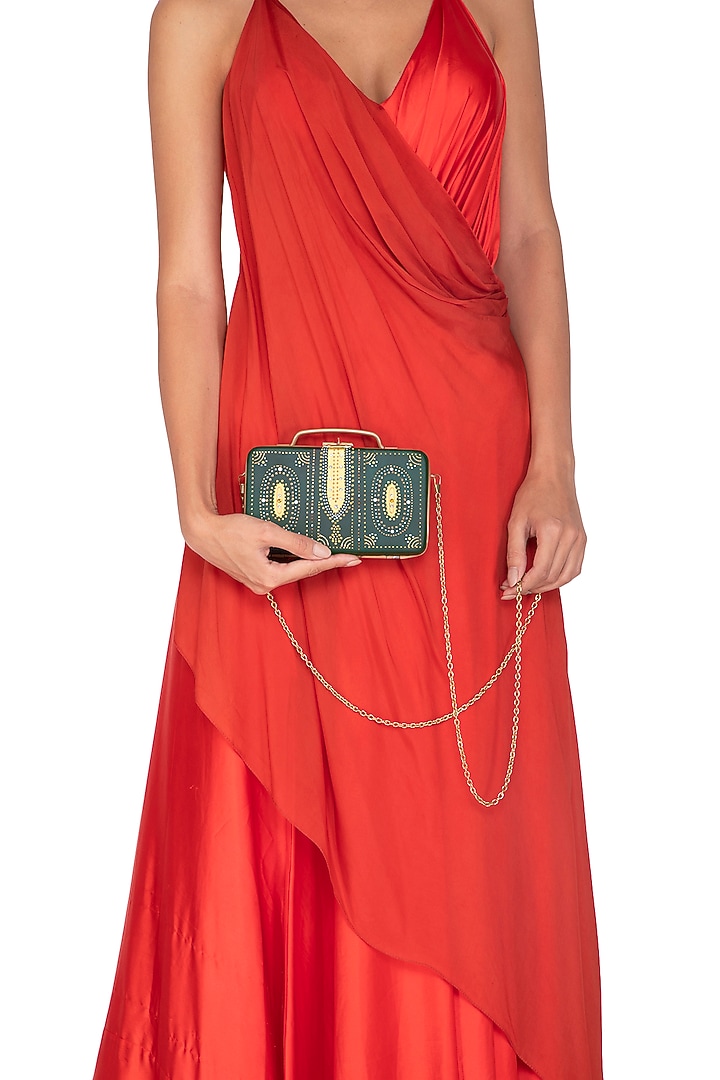 Dark Green & Gold Hand Painted Trunk Sling Clutch by Crazy Palette at Pernia's Pop Up Shop