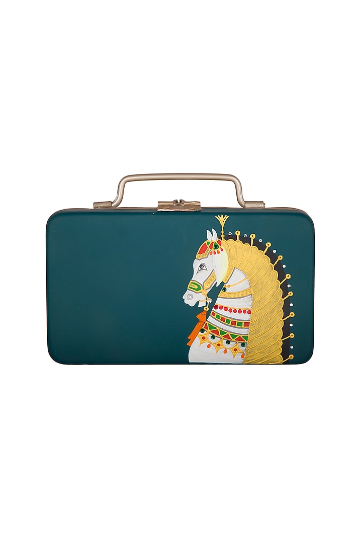 Turquoise & Gold Hand Painted Trunk Sling Clutch by Crazy Palette at Pernia's Pop Up Shop