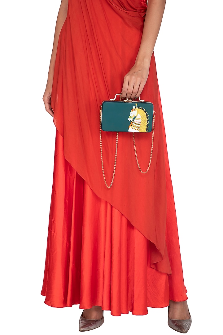 Turquoise & Gold Hand Painted Trunk Sling Clutch by Crazy Palette at Pernia's Pop Up Shop