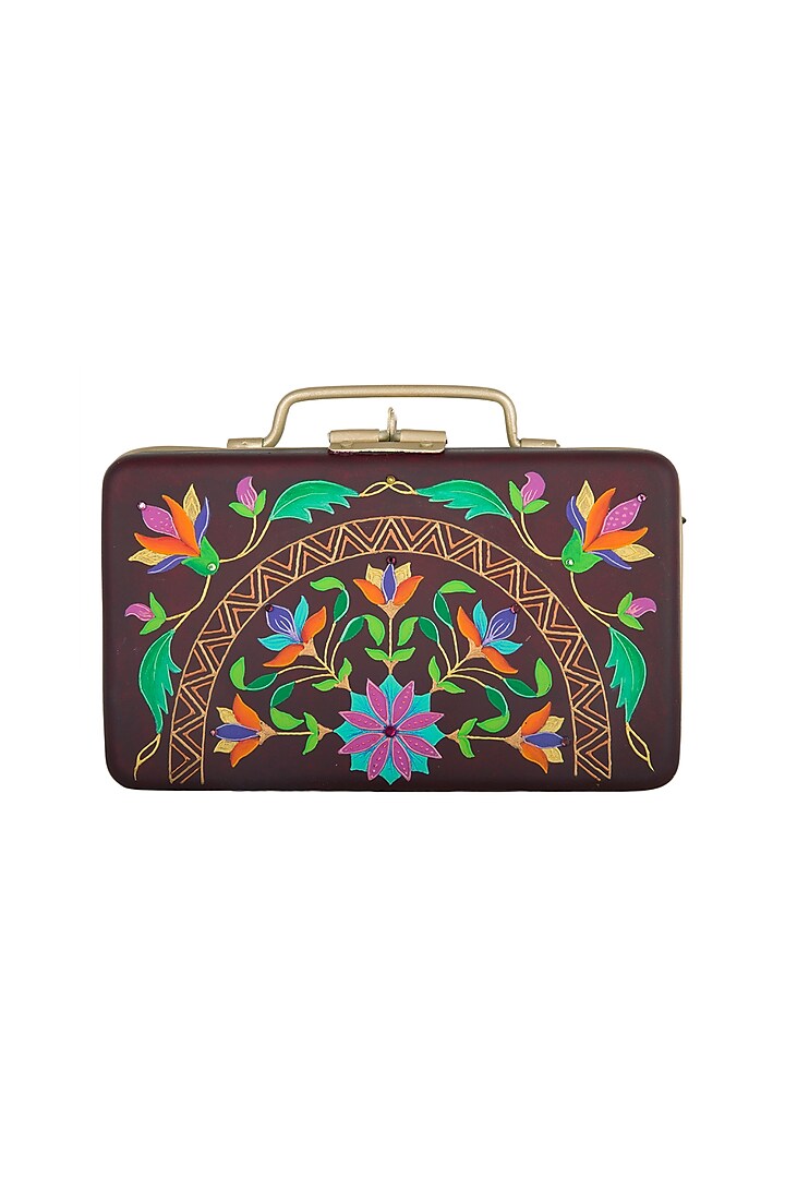 Purple & Gold Hand Painted Floral Trunk Sling Clutch by Crazy Palette