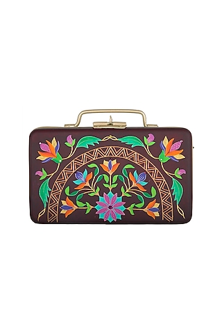Purple & Gold Hand Painted Floral Trunk Sling Clutch by Crazy Palette