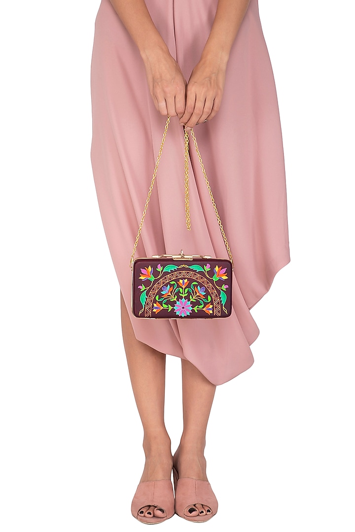 Purple & Gold Hand Painted Floral Trunk Sling Clutch by Crazy Palette at Pernia's Pop Up Shop