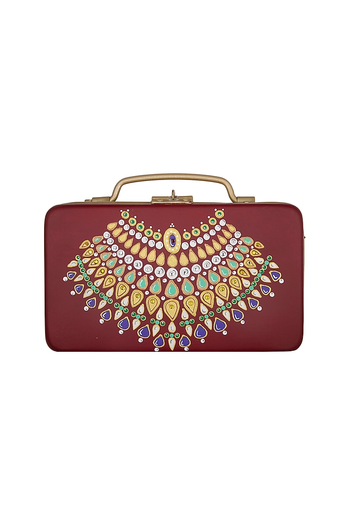 Maroon & Gold Hand Painted Trunk Sling Clutch by Crazy Palette