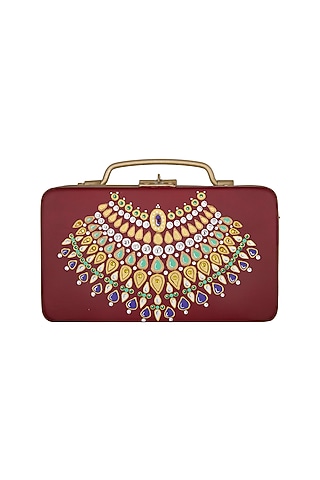 Maroon & Gold Hand Painted Trunk Sling Clutch by Crazy Palette
