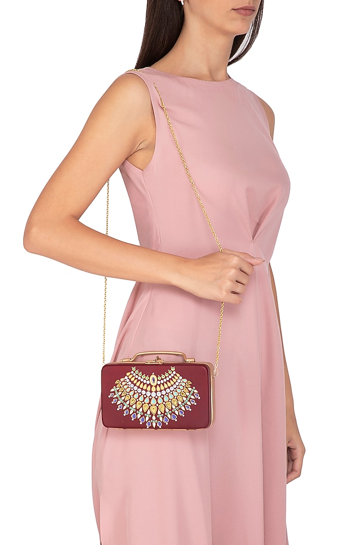 Maroon & Gold Hand Painted Trunk Sling Clutch by Crazy Palette at Pernia's Pop Up Shop