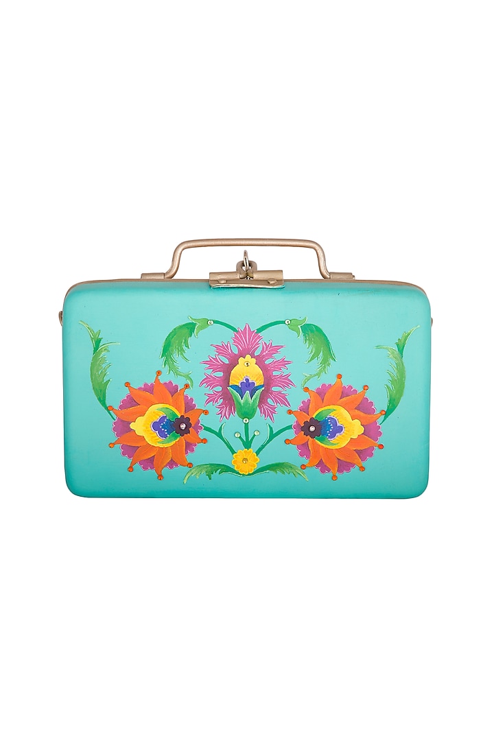 Aqua Blue & Gold Hand Painted Trunk Sling Clutch by Crazy Palette