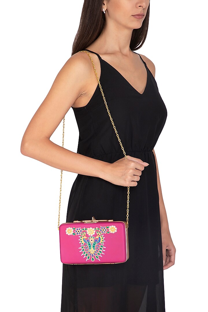 Pink & Gold Hand Painted Trunk Sling Clutch by Crazy Palette at Pernia's Pop Up Shop
