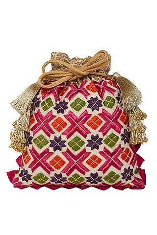 White Phulkari Embroidered Bag by Crazy Palette