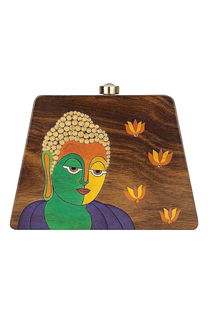 Brown Wooden Buddha Trapeze Clutch by Crazy Palette