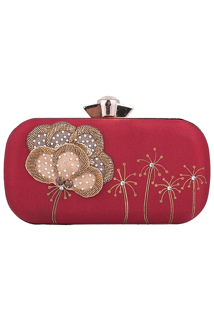 Maroon Hand Painted Flower Clutch by Crazy Palette