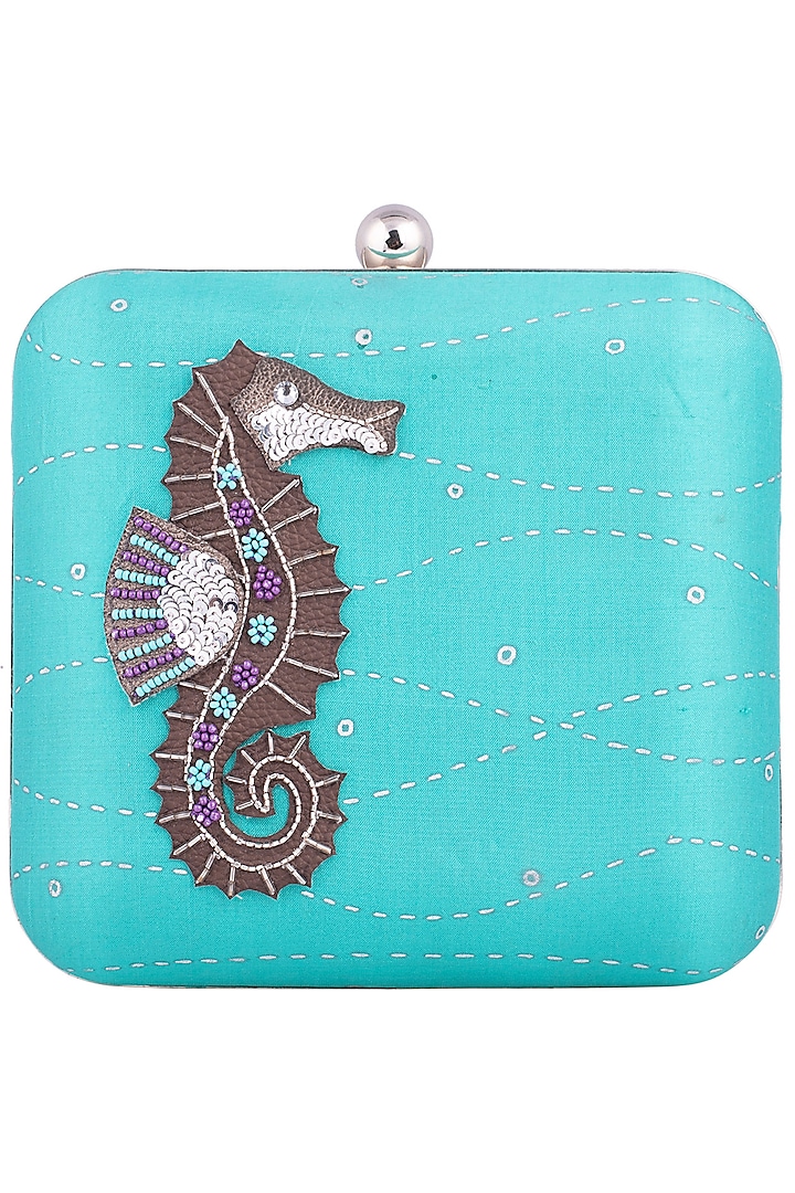 Teal Hand Painted Sea Horse Clutch by Crazy Palette